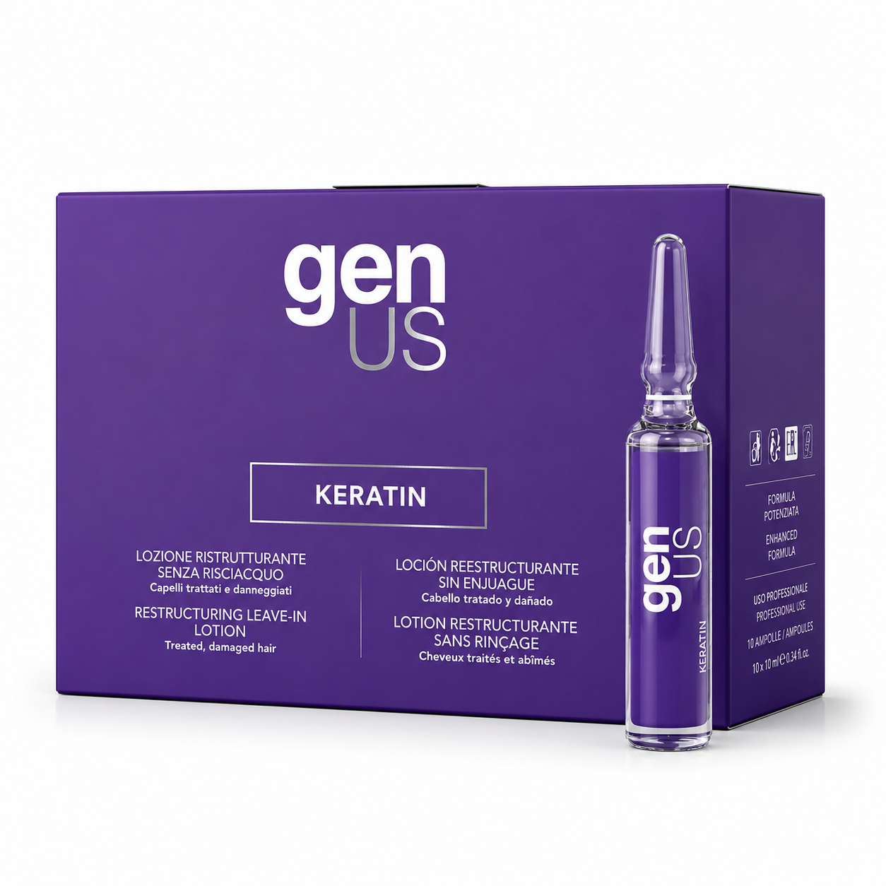 GENUS Loción reestructurante sin enjuague GENUS con queratina, 12 viales de 10 ml.